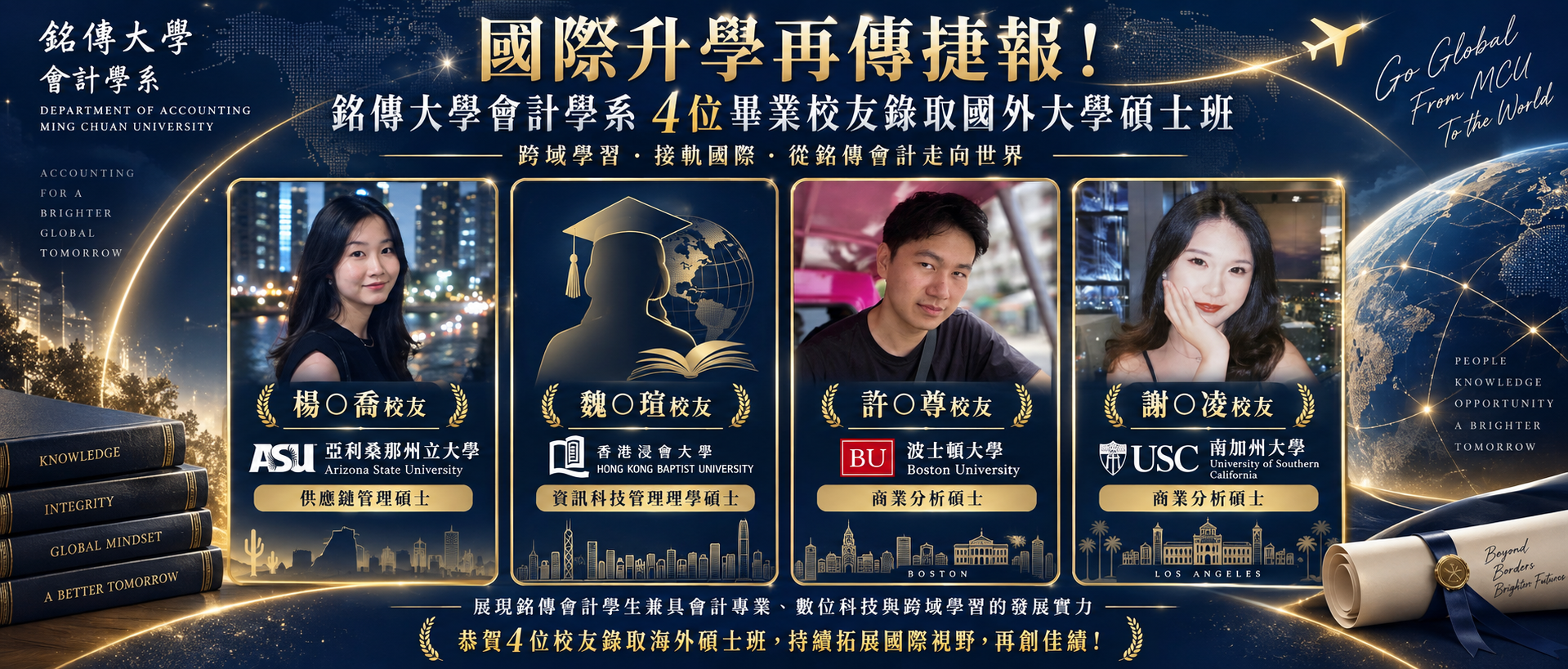 Featured image for “【升學捷報】從銘傳會計扎根，跨域學習、接軌國際；恭喜4位校友再創升學佳績！”